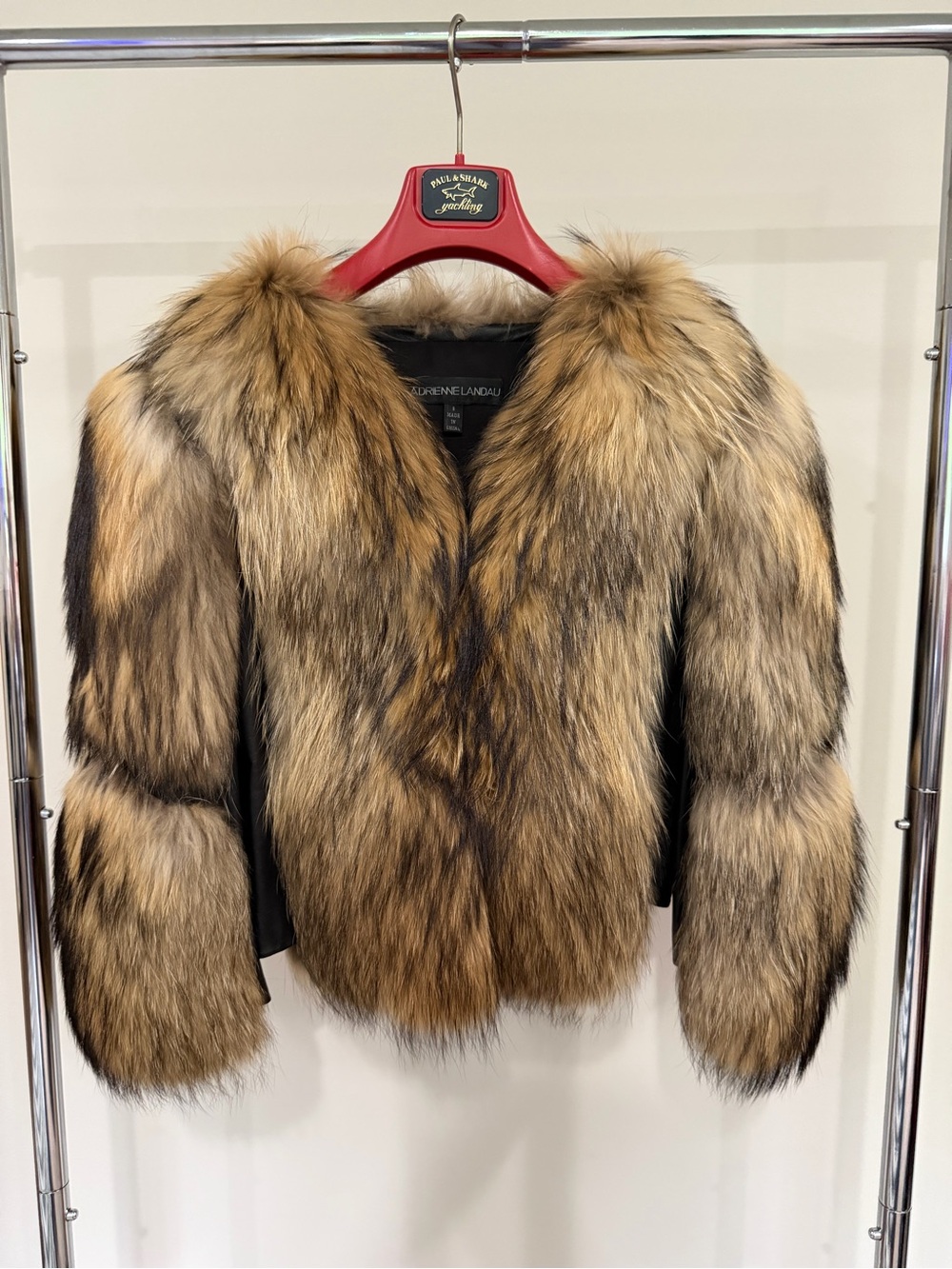 Adrienne Landau natural raccoon fur and leather cropped quarter length jacket